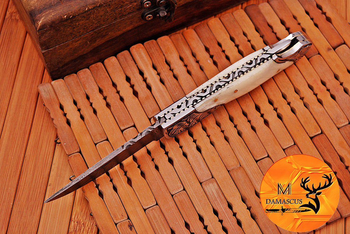 CUSTOM MADE POCKET KNIFE / HAND FORGED DAMASCUS STEEL FOLDING BLADE KNIFE / CAMEL BONE HANDLE