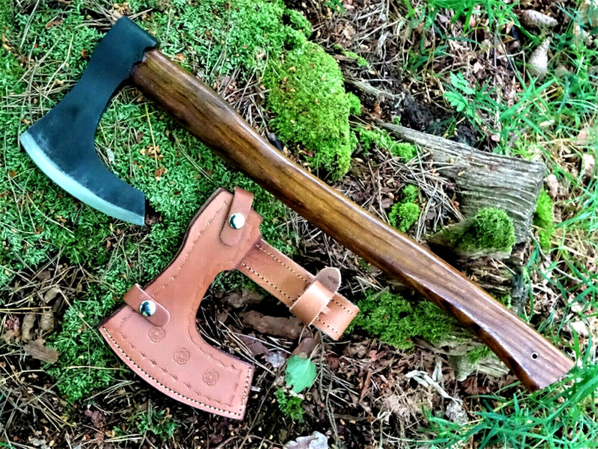 CUSTOM HANDMADE CARBON STEEL AXE HATCHET INTEGRAL VIKING THROWING TOMAHAWK WOOD HANDLE WITH LEATHER SHEATH 2712