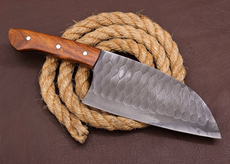 CUSTOM HANDMADE HAND FORGED CARBON STEEL CLEAVER MEAT CHOPPER BUTCHER KNIFE WOOD HANDLE WITH LEATHER SHEATH