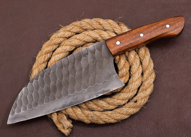 CUSTOM HANDMADE HAND FORGED CARBON STEEL CLEAVER MEAT CHOPPER BUTCHER KNIFE WOOD HANDLE WITH LEATHER SHEATH