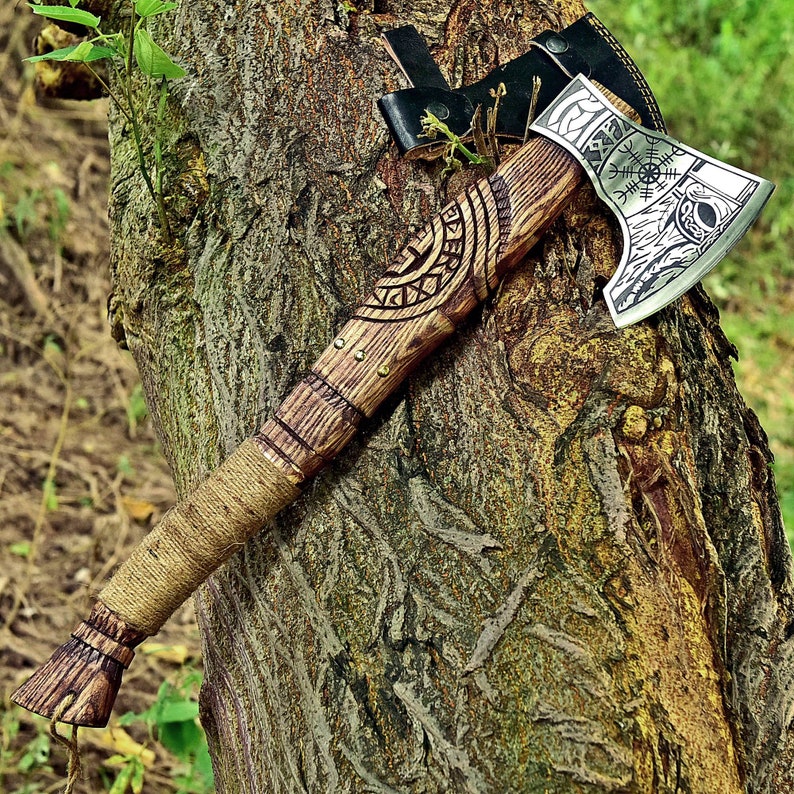 CUSTOM HANDMADE FORGED CARBON STEEL AXE HATCHETS TOMAHAWK VIKING THROWING WOOD HANDLE WITH LEATHER SHEATH 2714