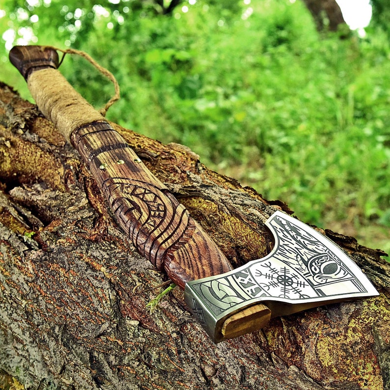 CUSTOM HANDMADE FORGED CARBON STEEL AXE HATCHETS TOMAHAWK VIKING THROWING WOOD HANDLE WITH LEATHER SHEATH 2714