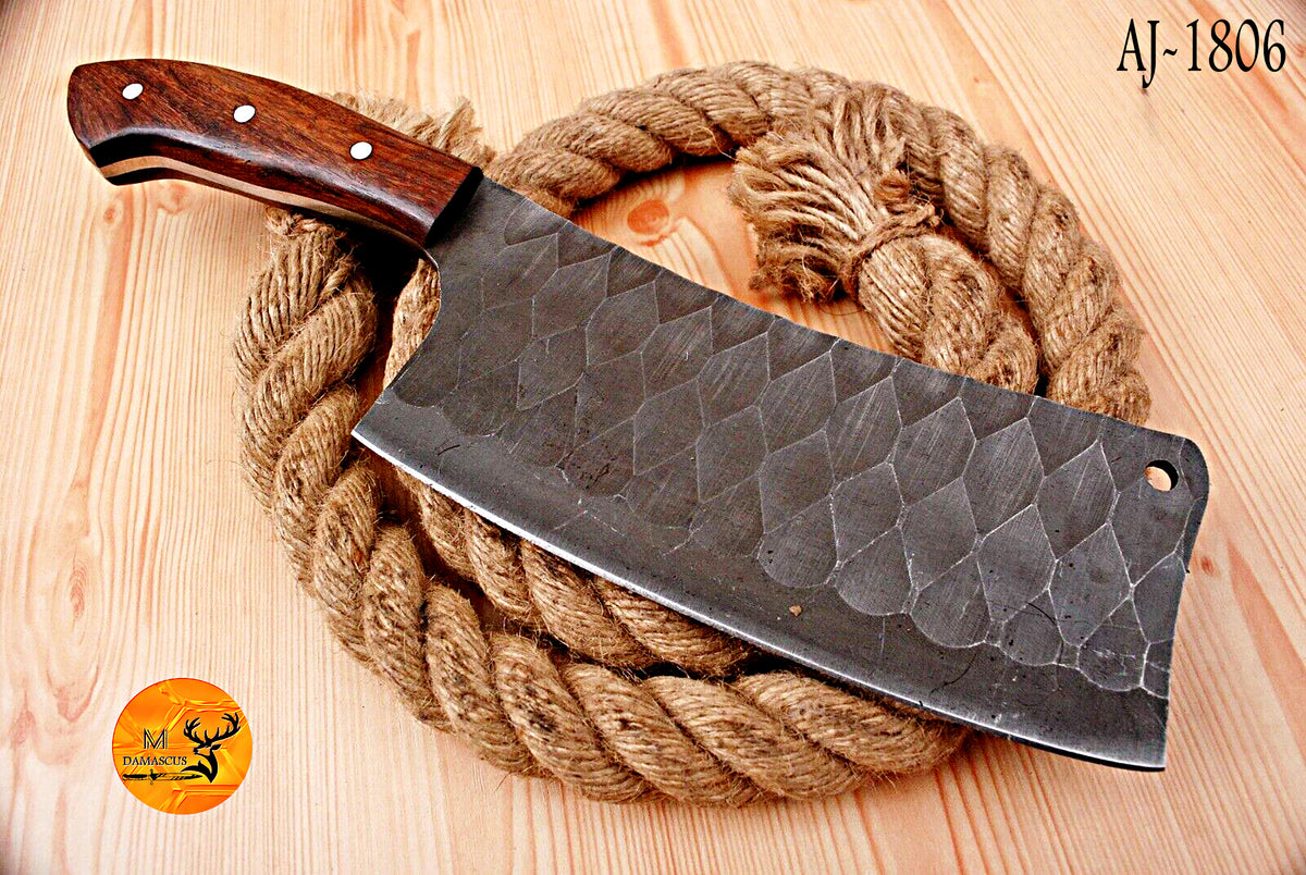 CUSTOM HANDMADE HAND FORGED CARBON STEEL CLEAVER MEAT CHOPPER BUTCHER KNIFE WOOD HANDLE WITH LEATHER SHEATH