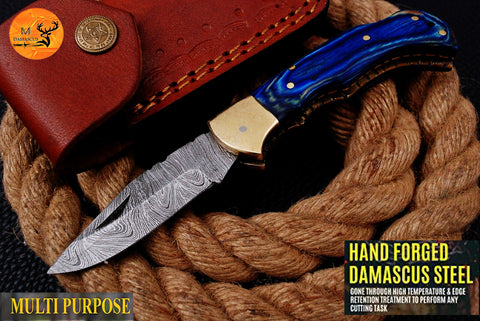 CUSTOM MADE POCKET KNIFE / HAND FORGED DAMASCUS STEEL FOLDING BLADE KNIFE / WOOD HANDLE 1332