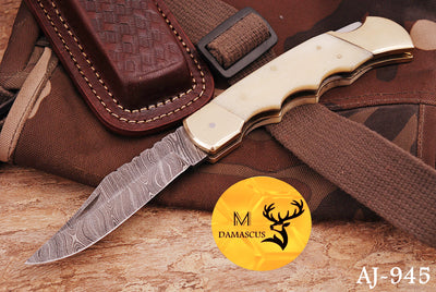 CUSTOM MADE POCKET KNIFE HAND FORGED DAMASCUS STEEL FOLDING BLADE KNIFE