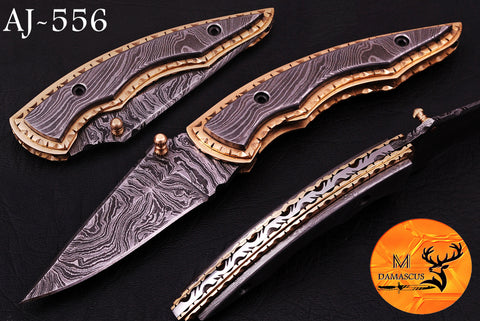 CUSTOM MADE POCKET KNIFE / HAND FORGED DAMASCUS STEEL FOLDING BLADE KNIFE / DAMASCUS STEEL HANDLE 556