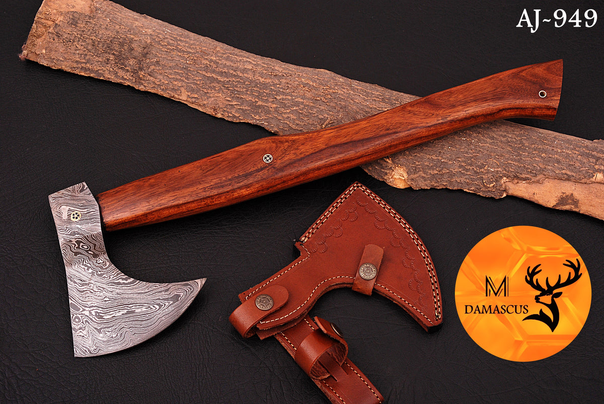 CUSTOM HANDMADE FORGED DAMASCUS STEEL AXE HATCHETS TOMAHAWK VIKING THROWING WOOD HANDLE WITH LEATHER SHEATH 949