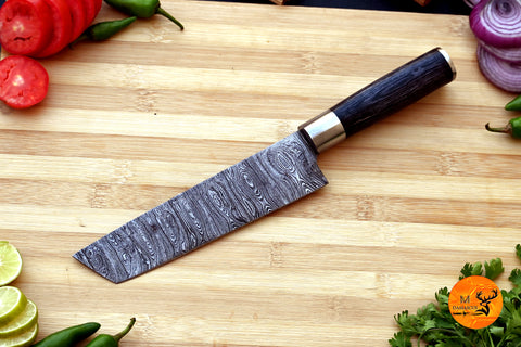 Chef Knife Custom Made Hand Forged Damascus Steel Tanto Kitchen Knife With Wood Handle 2070