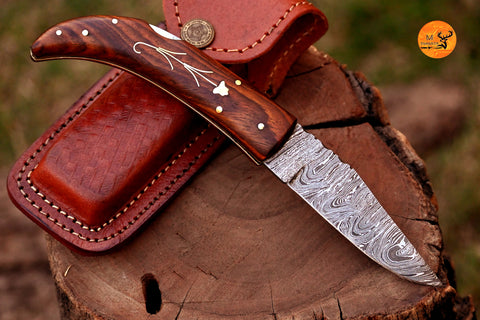 CUSTOM MADE POCKET KNIFE / HAND FORGED DAMASCUS STEEL FOLDING BLADE KNIFE / WOOD HANDLE 2721