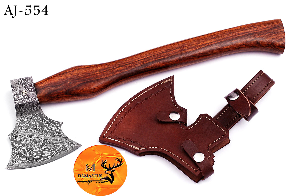 CUSTOM HANDMADE FORGED DAMASCUS STEEL AXE HATCHETS TOMAHAWK VIKING THROWING WOOD HANDLE WITH LEATHER SHEATH 554
