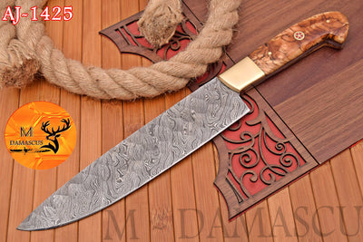 Chef Knife Custom Made Hand Forged Damascus Steel Utility Kitchen Knife With Wood And Brass Bolster Handle