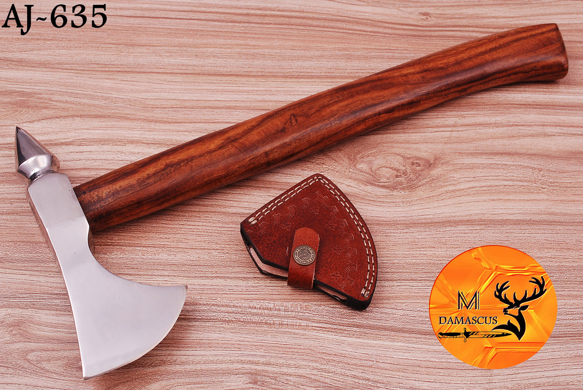 CUSTOM HANDMADE CARBON STEEL AXE HATCHET INTEGRAL VIKING THROWING TOMAHAWK WOOD HANDLE WITH LEATHER SHEATH 635