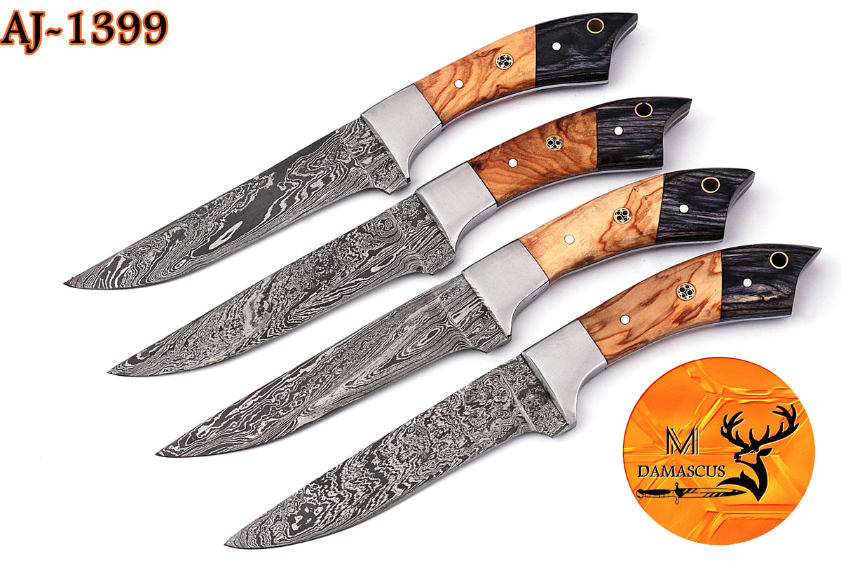 CUSTOM HANDMADE FORGED DAMASCUS STEEL STEAK KNIFE SET CHEF KNIFE SET KITCHEN KNIVES SET WITH WOOD HANDLE