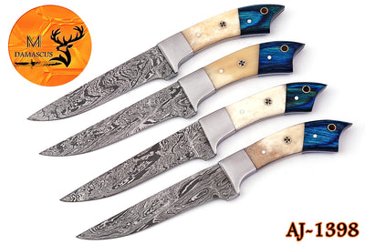 CUSTOM HANDMADE FORGED DAMASCUS STEEL STEAK KNIFE SET CHEF KNIFE SET KITCHEN KNIVES SET WITH CAMEL BONE HANDLE