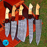 CUSTOM MADE CHEF KNIFE SET HAND FORGED DAMASCUS STEEL KITCHEN KNIVES SET WITH CAMEL BONE HANDLE 2802