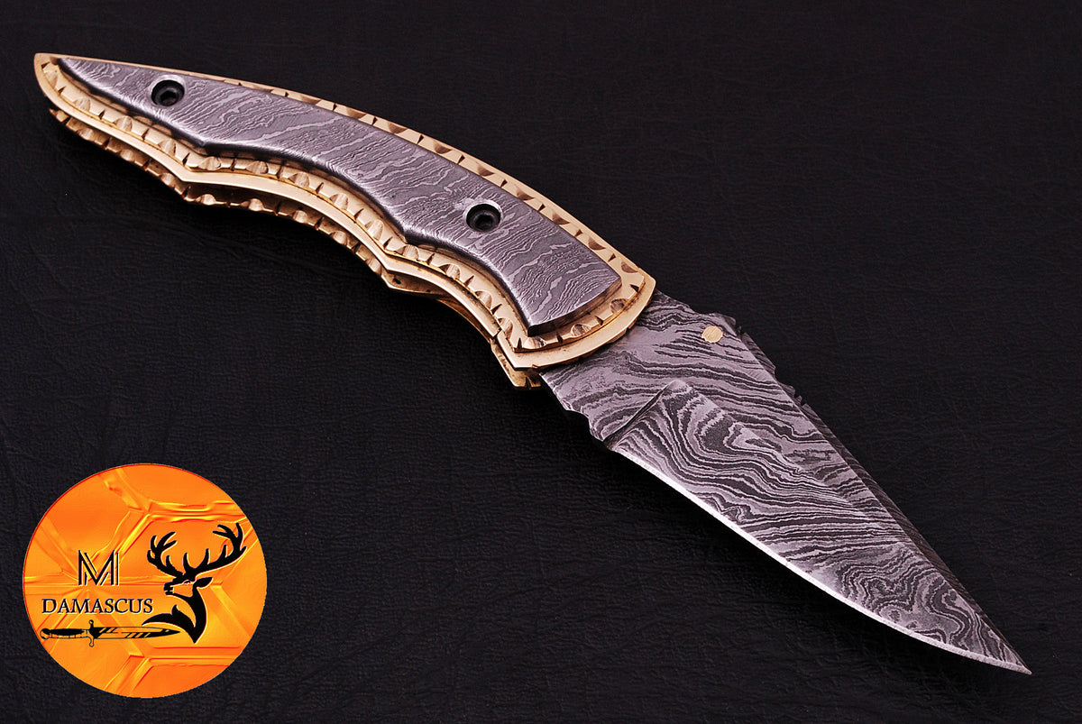 CUSTOM MADE POCKET KNIFE / HAND FORGED DAMASCUS STEEL FOLDING BLADE KNIFE / DAMASCUS STEEL HANDLE 556