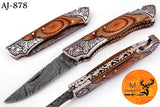 CUSTOM MADE POCKET KNIFE / HAND FORGED DAMASCUS STEEL FOLDING BLADE KNIFE / WOOD HANDLE 878