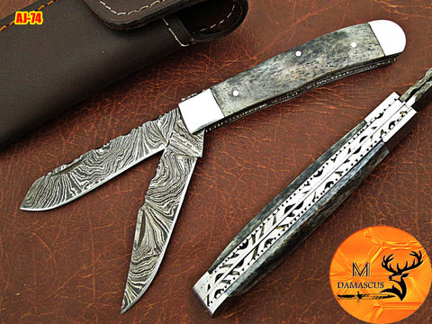 CUSTOM MADE TRAPPER KNIFE / HAND FORGED DAMASCUS STEEL FOLDING BLADE KNIFE / CAMEL BONE HANDLE 74