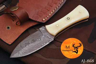 CUSTOM HANDMADE FORGED DAMASCUS STEEL BOOT KNIFE THROWING HUNTING KNIFE EDC CAMEL BONE HANDLE 868
