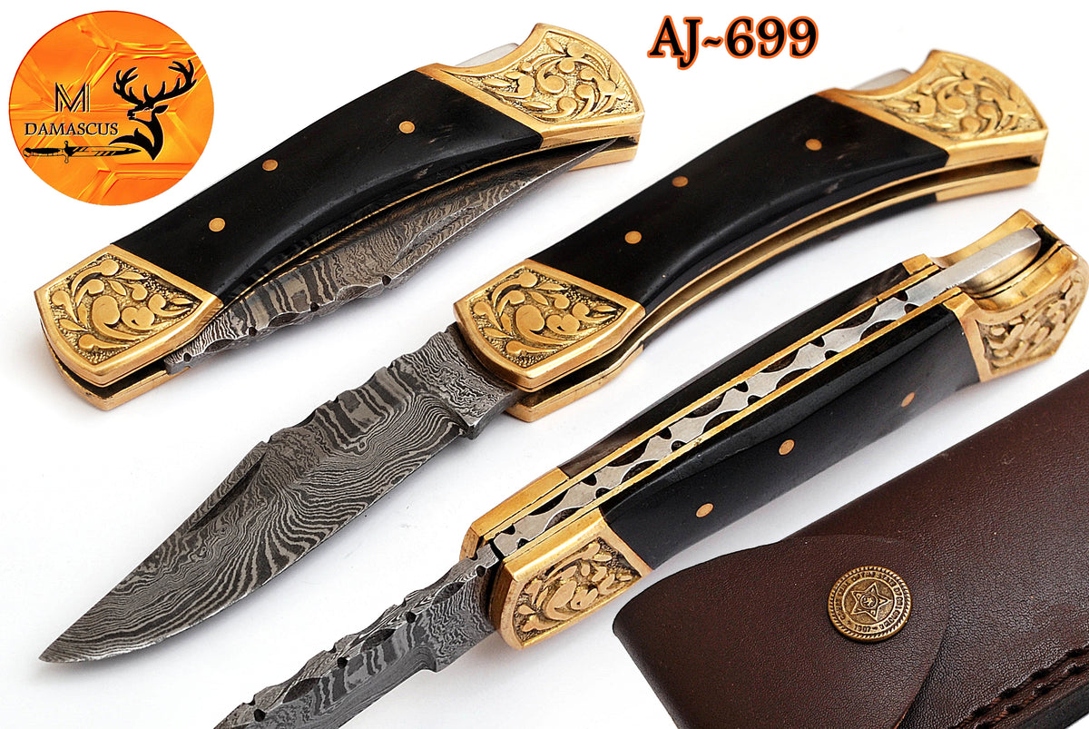 CUSTOM MADE POCKET KNIFE / HAND FORGED DAMASCUS STEEL FOLDING BLADE KNIFE / BULL HORN HANDLE 699