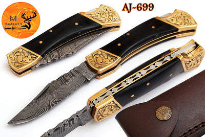 CUSTOM MADE POCKET KNIFE / HAND FORGED DAMASCUS STEEL FOLDING BLADE KNIFE / BULL HORN HANDLE 699