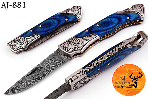 CUSTOM MADE POCKET KNIFE / HAND FORGED DAMASCUS STEEL FOLDING BLADE KNIFE / WOOD HANDLE 881