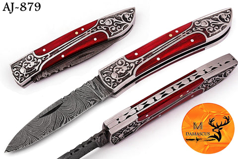 CUSTOM MADE POCKET KNIFE / HAND FORGED DAMASCUS STEEL FOLDING BLADE KNIFE / WOOD HANDLE 879