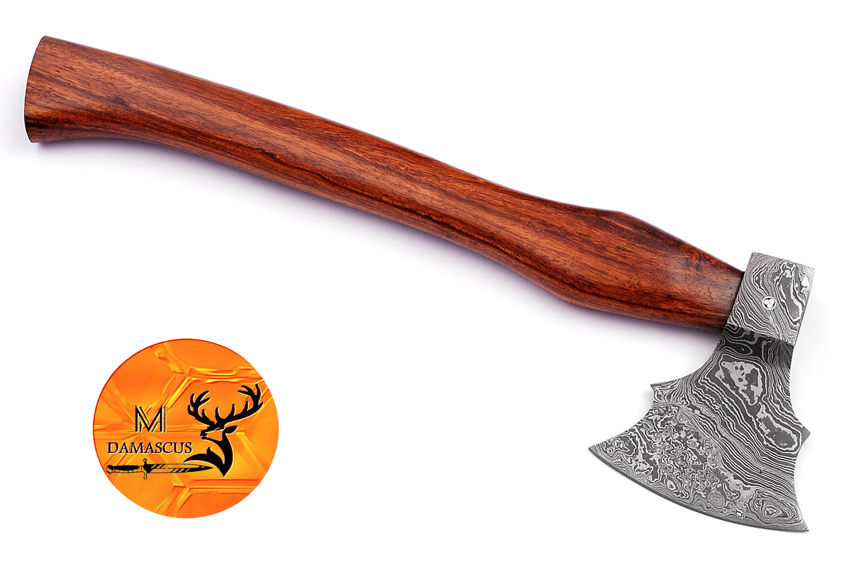 CUSTOM HANDMADE FORGED DAMASCUS STEEL AXE HATCHETS TOMAHAWK VIKING THROWING WOOD HANDLE WITH LEATHER SHEATH 554