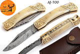 CUSTOM MADE POCKET KNIFE / HAND FORGED DAMASCUS STEEL FOLDING BLADE KNIFE / CAMEL BONE HANDLE 700
