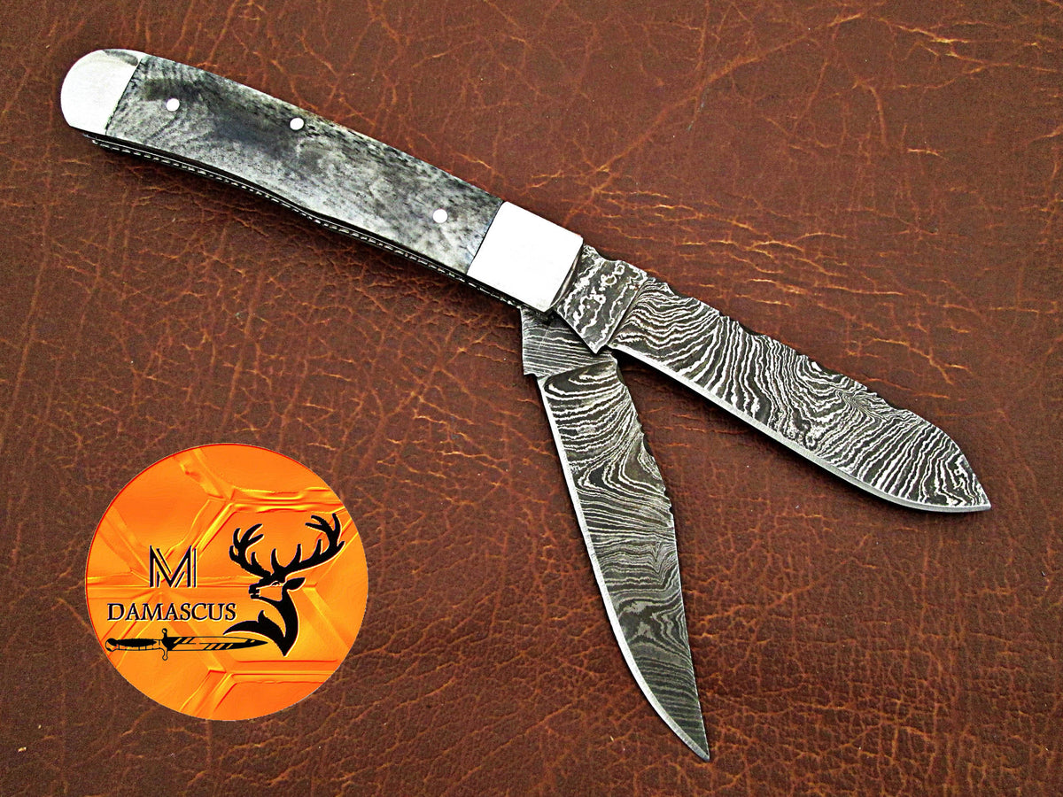 CUSTOM MADE TRAPPER KNIFE / HAND FORGED DAMASCUS STEEL FOLDING BLADE KNIFE / CAMEL BONE HANDLE 74
