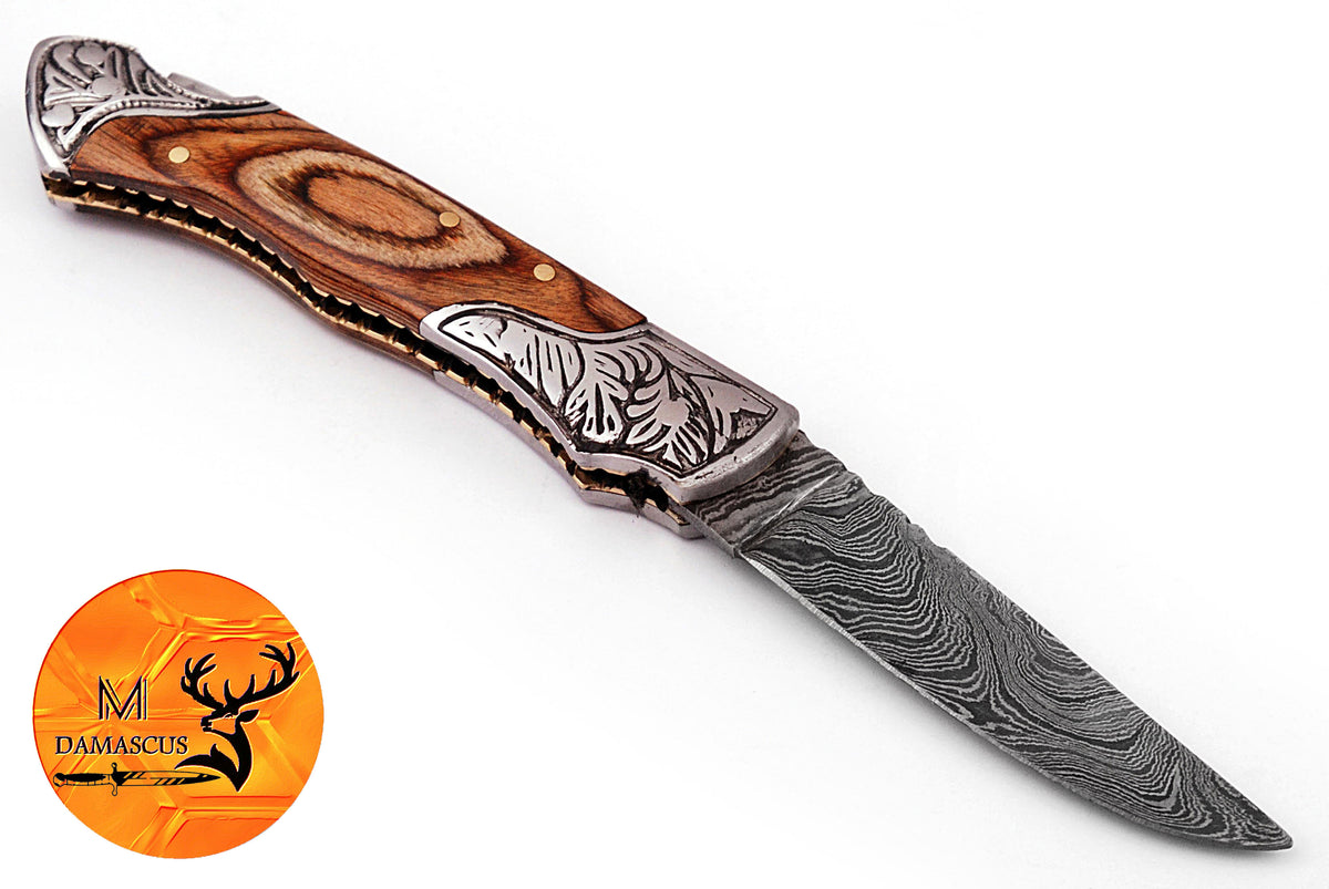 CUSTOM MADE POCKET KNIFE / HAND FORGED DAMASCUS STEEL FOLDING BLADE KNIFE / WOOD HANDLE 878
