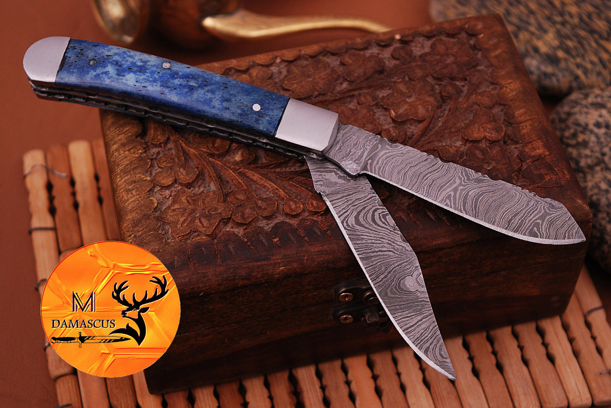 CUSTOM MADE TRAPPER KNIFE / HAND FORGED DAMASCUS STEEL FOLDING BLADE KNIFE / CAMEL BONE HANDLE 692