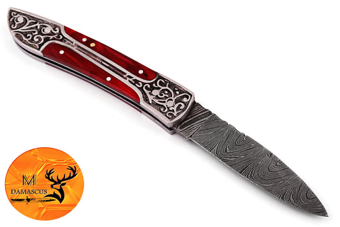 CUSTOM MADE POCKET KNIFE / HAND FORGED DAMASCUS STEEL FOLDING BLADE KNIFE / WOOD HANDLE 879