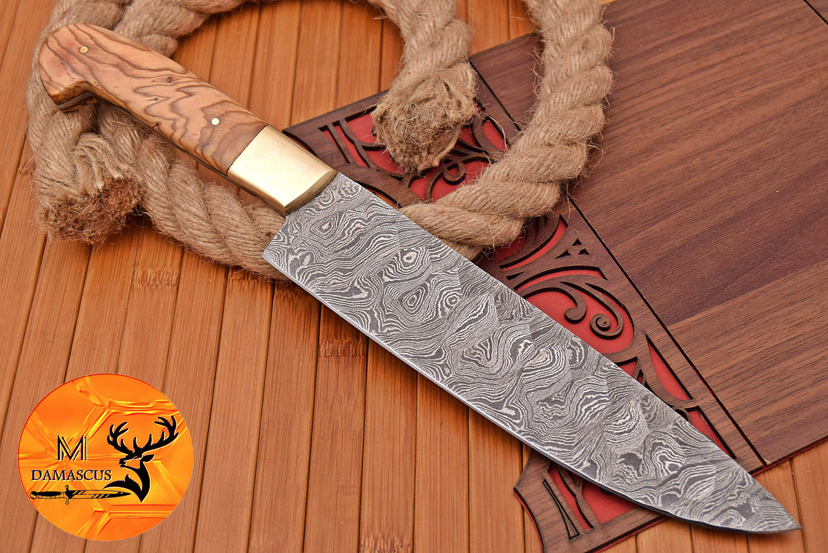 Chef Knife Custom Made Hand Forged Damascus Steel Utility Kitchen Knife With Wood And Brass Bolster Handle