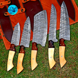 CUSTOM MADE CHEF KNIFE SET HAND FORGED DAMASCUS STEEL KITCHEN KNIVES SET WITH CAMEL BONE HANDLE 2802