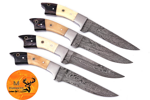 CUSTOM HANDMADE FORGED DAMASCUS STEEL STEAK KNIFE SET CHEF KNIFE SET KITCHEN KNIVES SET WITH CAMEL BONE HANDLE 1390