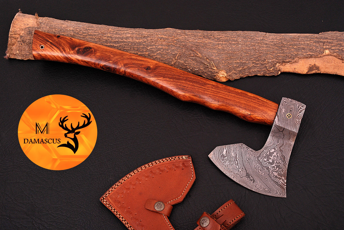 CUSTOM HANDMADE FORGED DAMASCUS STEEL AXE HATCHETS TOMAHAWK VIKING THROWING WOOD HANDLE WITH LEATHER SHEATH 948