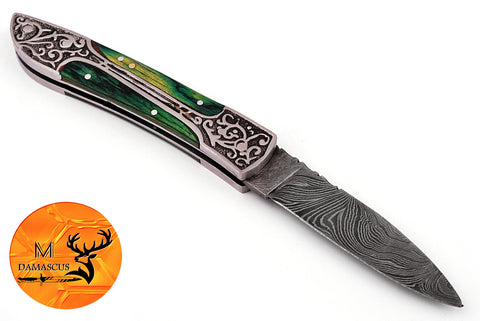 CUSTOM MADE POCKET KNIFE / HAND FORGED DAMASCUS STEEL FOLDING BLADE KNIFE / WOOD HANDLE 880