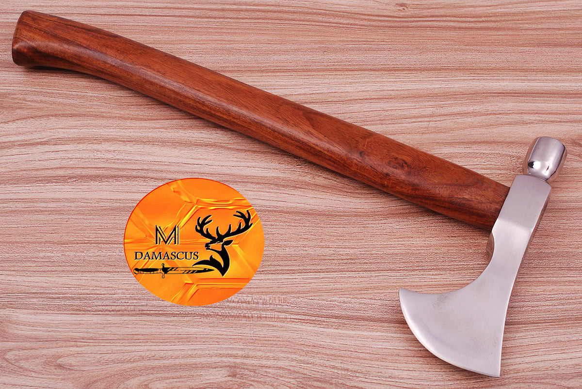 CUSTOM HANDMADE CARBON STEEL AXE HATCHET INTEGRAL VIKING THROWING TOMAHAWK WOOD HANDLE WITH LEATHER SHEATH 634