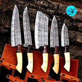 CUSTOM MADE CHEF KNIFE SET HAND FORGED DAMASCUS STEEL KITCHEN KNIVES SET WITH CAMEL BONE HANDLE 2802