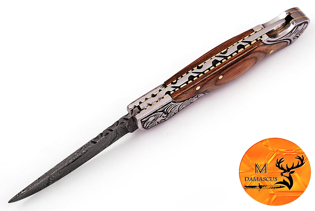 CUSTOM MADE POCKET KNIFE / HAND FORGED DAMASCUS STEEL FOLDING BLADE KNIFE / WOOD HANDLE 878