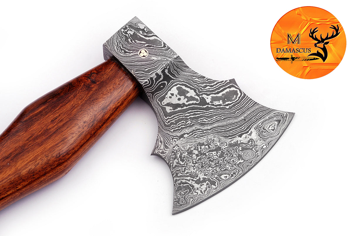 CUSTOM HANDMADE FORGED DAMASCUS STEEL AXE HATCHETS TOMAHAWK VIKING THROWING WOOD HANDLE WITH LEATHER SHEATH 554