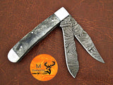 CUSTOM MADE TRAPPER KNIFE / HAND FORGED DAMASCUS STEEL FOLDING BLADE KNIFE / CAMEL BONE HANDLE 74
