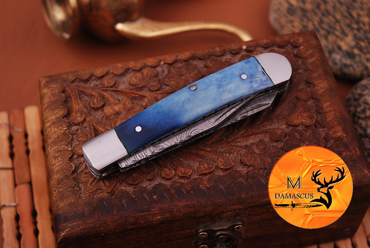 CUSTOM MADE TRAPPER KNIFE / HAND FORGED DAMASCUS STEEL FOLDING BLADE KNIFE / CAMEL BONE HANDLE 692