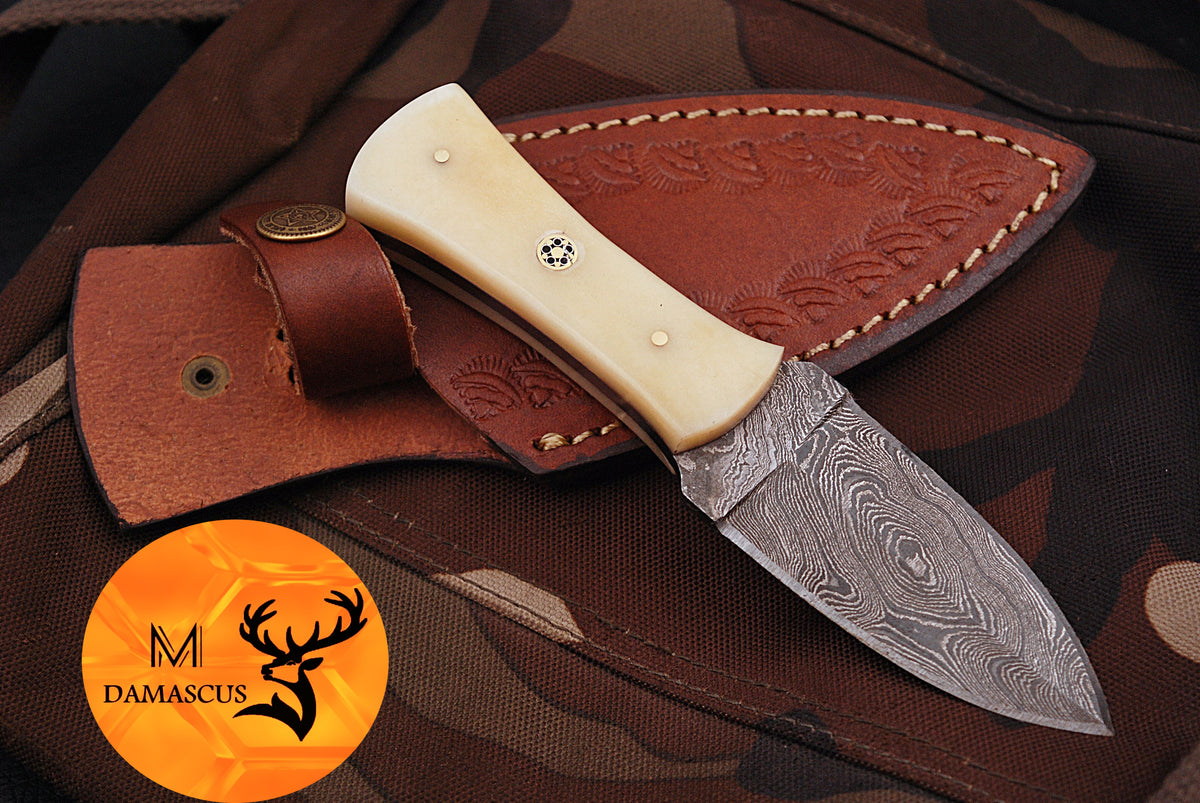CUSTOM HANDMADE FORGED DAMASCUS STEEL BOOT KNIFE THROWING HUNTING KNIFE EDC CAMEL BONE HANDLE 868