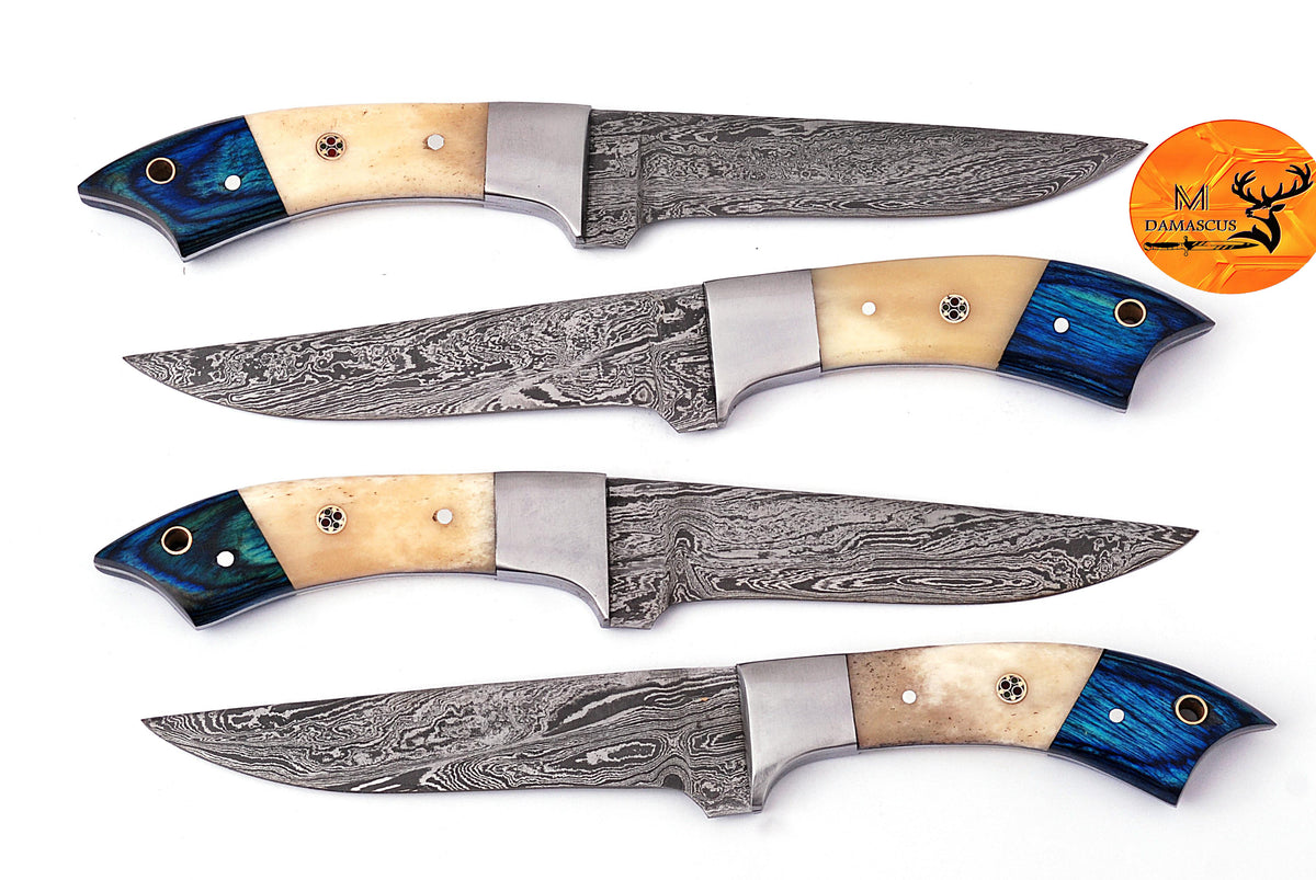 CUSTOM HANDMADE FORGED DAMASCUS STEEL STEAK KNIFE SET CHEF KNIFE SET KITCHEN KNIVES SET WITH CAMEL BONE HANDLE