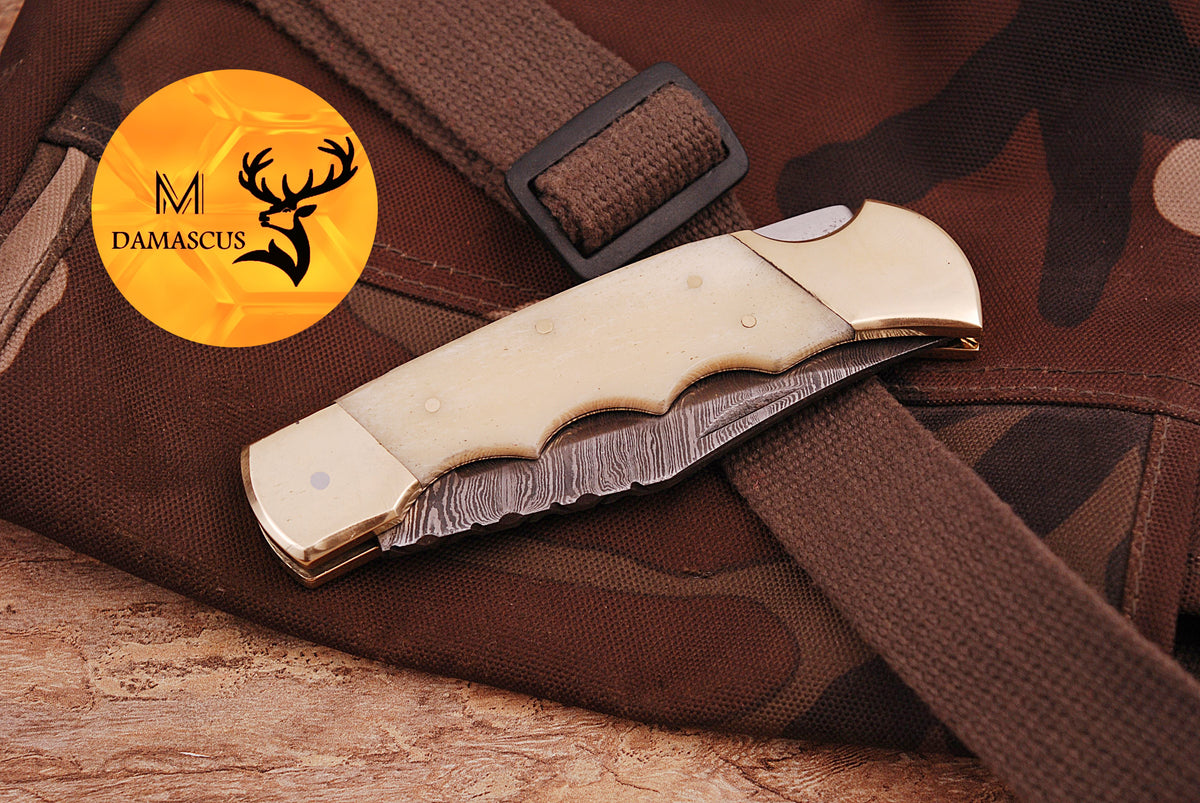 CUSTOM MADE POCKET KNIFE HAND FORGED DAMASCUS STEEL FOLDING BLADE KNIFE