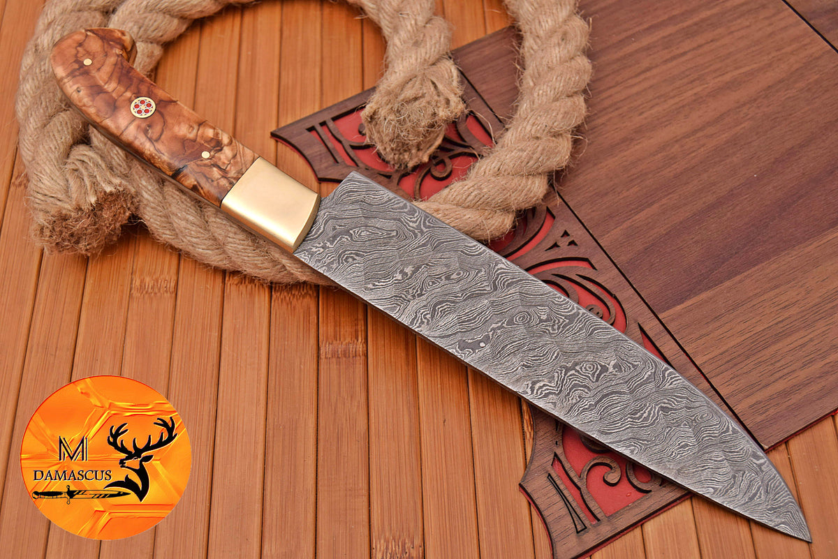 Chef Knife Custom Made Hand Forged Damascus Steel Utility Kitchen Knife With Wood And Brass Bolster Handle