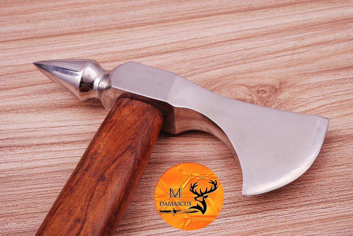 CUSTOM HANDMADE CARBON STEEL AXE HATCHET INTEGRAL VIKING THROWING TOMAHAWK WOOD HANDLE WITH LEATHER SHEATH 635