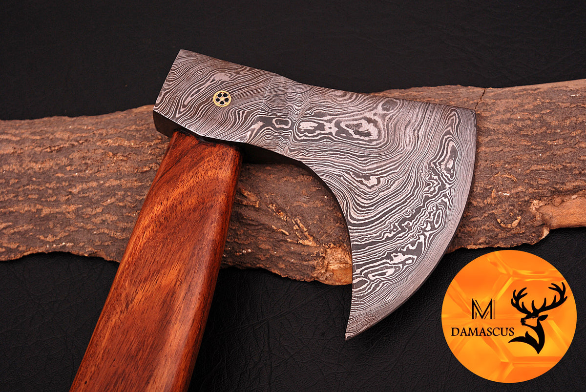 CUSTOM HANDMADE FORGED DAMASCUS STEEL AXE HATCHETS TOMAHAWK VIKING THROWING WOOD HANDLE WITH LEATHER SHEATH 949
